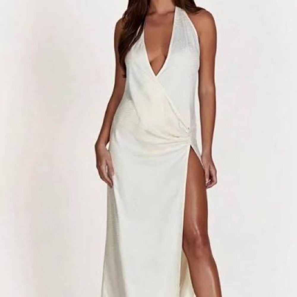 Meshki White Backless Halter Maxi Dress with High Slit